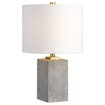 Concrete Block Cube Elegant Industrial Table Lamp, Loft Gray Gold