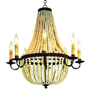 Eight Light Iron and Creme Bead Chandelier