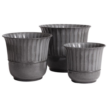 Classic Set of 3 Ribbed Metal Planters Gray 14 in Elegant Outdoor Safe