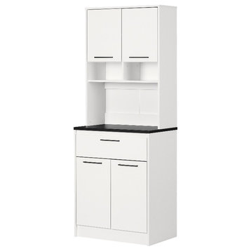 Pemberly Row Pantry Cabinet with Microwave Hutch Faux Black Stone and White