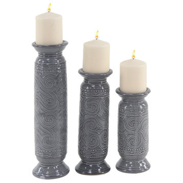 Set of 3 modern 9, 12 and 15 inch gray cylindrical ceramic candle holders