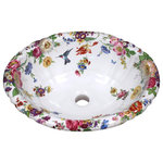 Decorated Porcelain Company - Scented Garden Hand Painted Sink - Walk into a fragrant garden every time you enter the bathroom. Colorful Dresden-style floral includes tulips, poppies, roses, violets, morning glory, cornflower and many others. Also includes a hummingbird, butterfly and a ladybug for good luck. Painted on a white fluted drop-in basin. All of our fixtures are decorated to order in the USA and kiln-fired for long-lasting durability. The design won't wear out or fade away, it's on there for the life of the fixture. Please note: fixture shown is no longer available. Please see Product Specification Sheet for photo. Essentially the same sink, with three overflow drain holes instead of one.