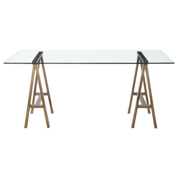 Brady Dining Table, Frame, Brushed Brass; Glass, Clear, Large