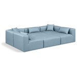 Meridian Furniture - Cube Upholstered Modular Sectional, Light Blue, 6-Piece: 3 Armless Chair, 2 Corner Chair, 1 Ottoman, Vegan Leather - Elevate your space with the luxurious Cube Vegan Leather Modular Sectional. This modular sectional exudes modern elegance, charm, and comfort making it a perfect addition to any contemporary living space. Its clean lines and cube shape are reminiscent of minimalist design, while the plush light blue vegan leather upholstery adds a touch of luxury and sophistication. The chair's versatile construction and geometric aesthetic seamlessly integrate into various design styles, from sleek living rooms to chic home offices, embodying the essence of modern design and creating a sense of order and tranquility in your space.