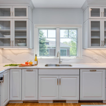 Gray Transitional Kitchen With Full-Height Backsplash