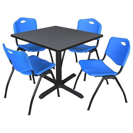 Cain 42" Square Breakroom Table, Gray and 4 'M' Stack Chairs, Blue