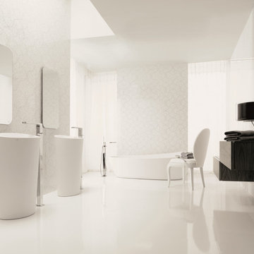 Bright White Elegant Space Maximizing Contemporary Bathroom Featuring Exquisite
