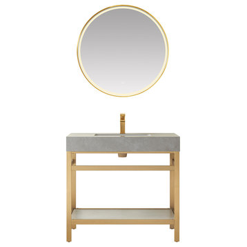 Funes Bath Vanity with Mirror, Brushed Gold Support, 36'', Grey Stone Top
