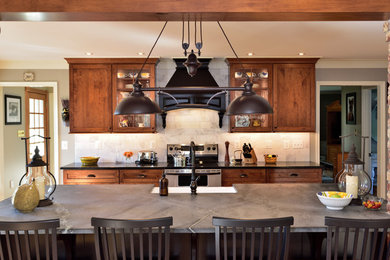 Open concept kitchen - large cottage galley open concept kitchen idea in DC Metro with flat-panel cabinets, medium tone wood cabinets, soapstone countertops and an island