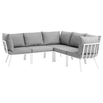 Riverside 5 Piece Outdoor Patio Aluminum Sectional, White Gray