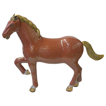 Vintage Chinese Metal Brick Red Golden Tail Fengshui Horse Figure Hws3279