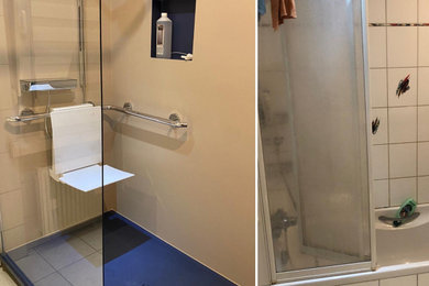 Aus einer Badewanne wird eine große Dusche mit Bild, Sitz und Griffen