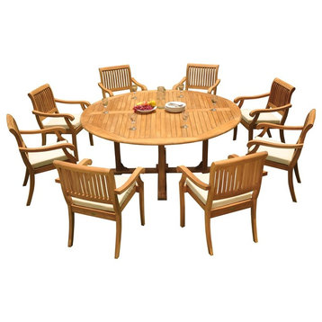 9-Piece Outdoor Teak Dining Set, 72" Round Table, 8 Arbor Stacking Arm Chairs