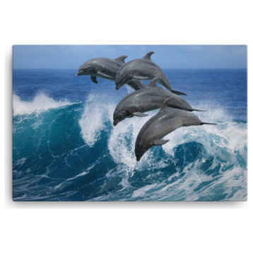 Bottle Noise Dolphins Animal Wildlife Photograph Canvas Wall Art Print, 24" X 36"