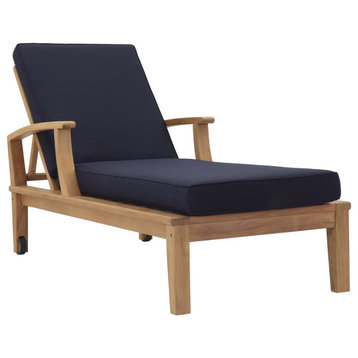 Marina Outdoor Premium Grade A Teak Wood Single Chaise, Natural/Navy