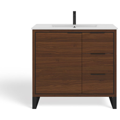 Opulence Bath Vanity, Walnut, 36", Black Hardware, Single Sink