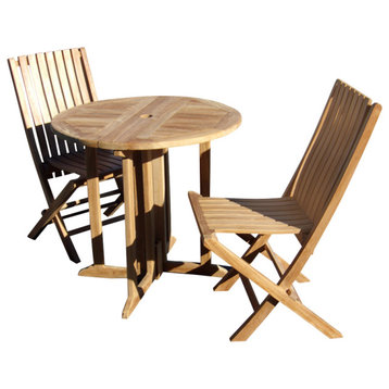 3-Piece Teak 32" Round Folding Table Set With 2-Chairs