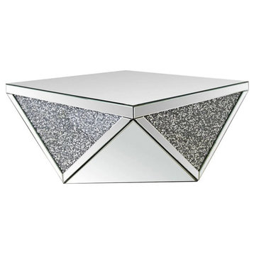 Elegant Coffee Table, Triangle Design With Crystal and Mirrored Accents, Silver