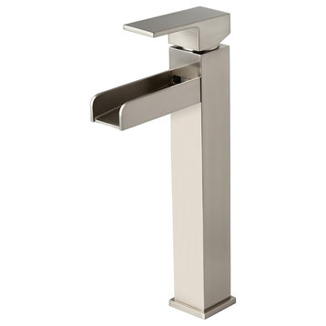Contemporary Single Handle Waterfall Spout Bathroom Vessel Sink Faucet, Brushed Nickel