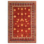 Bareens Designer Rugs - Tribal Super Kazak Chassidy Red/Blue Wool Rug - 6'10'' x 9'6'' - Embellish your home with this exquisitely hand-knotted Kazak Rug made with the finest hand spun wool and all vegetable dyes. Demonstrating incredible attention to detail, this hand-knotted masterpiece features an intricate Kazak pattern in a classic color palette. Made in the Caucasian designs from Russia and the northern Persian empire, each Kazak incorporates distinctive tribal flavor with elements such as the stepped hooted polygons, geometrical medallions, animals and rosettes. The straight, clean lines and bold tones embody the weaving style of the Armenian and Afghani weavers known for these iconic designs. This magnificent rug featuring soft luscious pile and is made with handspun wool and natural dyes to produces soft luminous shades causing a beautiful sheen. With geometric designs and bold vibrant saturated colors predominately blues, reds, greens, and gold make a bold statement in any decor. The construction technique used ensures that the designs and colors Ae capable to withstand heavy traffic area.