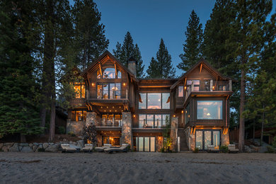 Large minimalist brown two-story wood gable roof photo in Sacramento