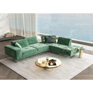 Lanel Italian Green Velvet Right Facing Sectional Sofa