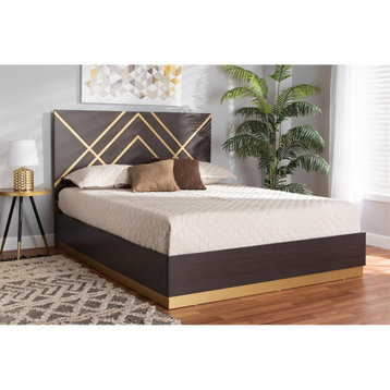 Glam and Luxe Two-Tone Dark Brown and Gold Finished Wood Queen Size Platform Bed