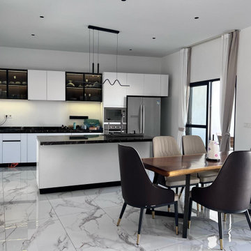 Open Concept Kitchen & Dining Room Panorama – Two-Tone Glass Display Cabinet & W