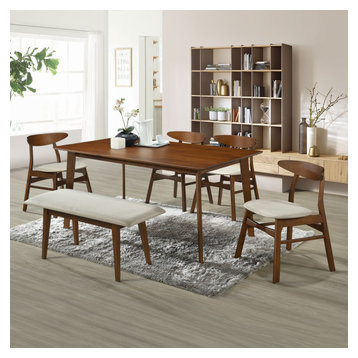 WestinTrends  6-Piece Mid Century Modern Dining Table Chair Set, Walnut/Beige, B