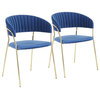 Tania Contemporary-Glam Chair in Gold Metal with Blue Velvet, Set of 2
