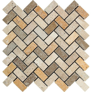 Mixed Travertine Tumbled 1 X 2 Herringbone Mosaic Tile
