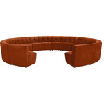Meridian Furniture - Limitless Velvet Upholstered 14-Piece Modular Sectional, Cognac - Invest in your home's comfort with this Limitless 14 Piece Sectional. This modular unit offers tons of flexibility in the number of ways that you can put each piece in the Limitless collection together to get the ideal customized look. Upholstered in cognac velvet, this beautiful piece is soft and cool to the touch, so you can feel comfortable from every angle. Button and channel tufting add to this unit's upscale look and contemporary charm.