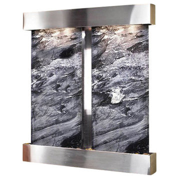 Cottonwood Falls Wall Fountain, Stainless Steel, Black Spider Marble, Square Fra