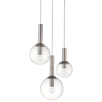 Bubbles 3-Light Cluster Pendant With Polished Nickel Finish and Clear Shade