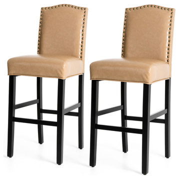 Upholstered PU Bar Chair With Studded Decor, Set of 2, Beige
