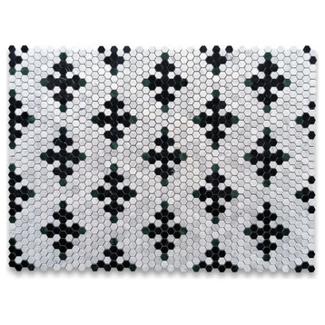 Carrara White Marble Hexagon Starlight Mosaic Tile Black Green, 1 sheet
