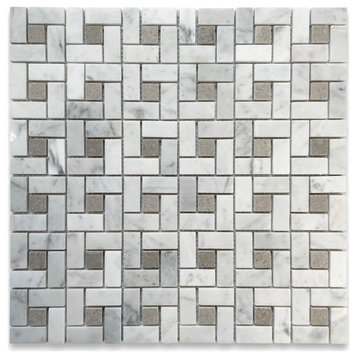 Carrara White Pinwheel Mosaic Venato Marble Tile Gray Dots Polished, 1 sheet