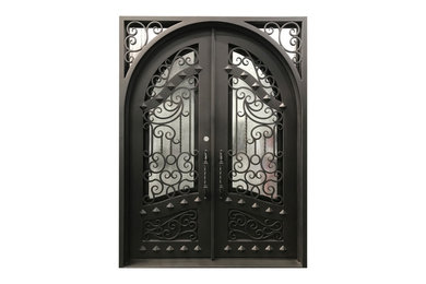 Large elegant entryway photo in Dallas with a black front door