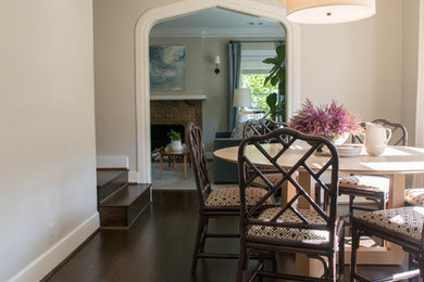 This is an example of a transitional dining room in Dallas with beige walls and dark hardwood floors.