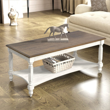 Marcello 39.4 in. White and Oak Rectangular Solid Wood Top Coffee Table