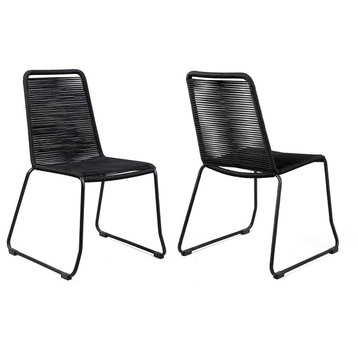 2 Pack Patio Dining Chair, Metal Frame With Fishbone Rope Seat and Back, Black