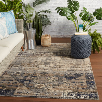 Belfast Indoor and Outdoor Medallion Taupe and Dark Blue Area Rug, 2'6"x8'
