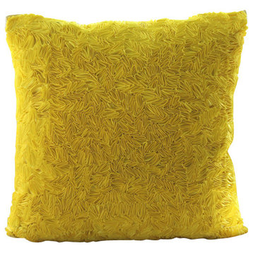 Euro Pillow Yellow Euro Sham Decorative Pillow Art Silk 24x24 Ribbon Embroidery