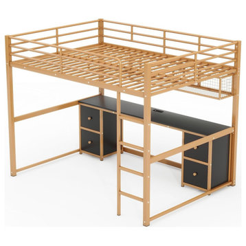Modern Loft Bed, Metal Frame With Built, Desk and Charging Station, Gold/Black