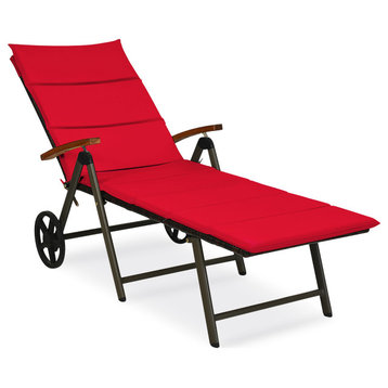 Costway Aluminum Rattan Patio Lounger Recliner Chair with Wheels in Red