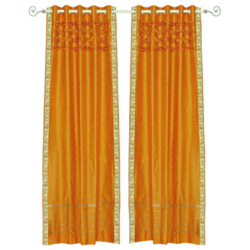 Lined-Mustard Hand Crafted Grommet Top  Sheer Sari Curtain Drape Panel-Piece