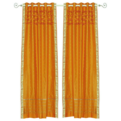 Mustard Hand Crafted Grommet Top Sheer Sari Curtain Drape Panel-43W x 63L-Piece