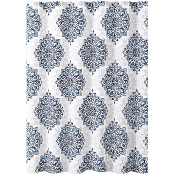 Navy Blue White Fabric Shower Curtain: Floral Medallion Damask Design