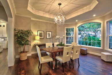 Inspiration for a transitional dark wood floor dining room remodel in Other with beige walls and no fireplace