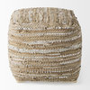 Aadhya 16Lx16Wx16H Taupe/Silver Leather and Cotton Pouf